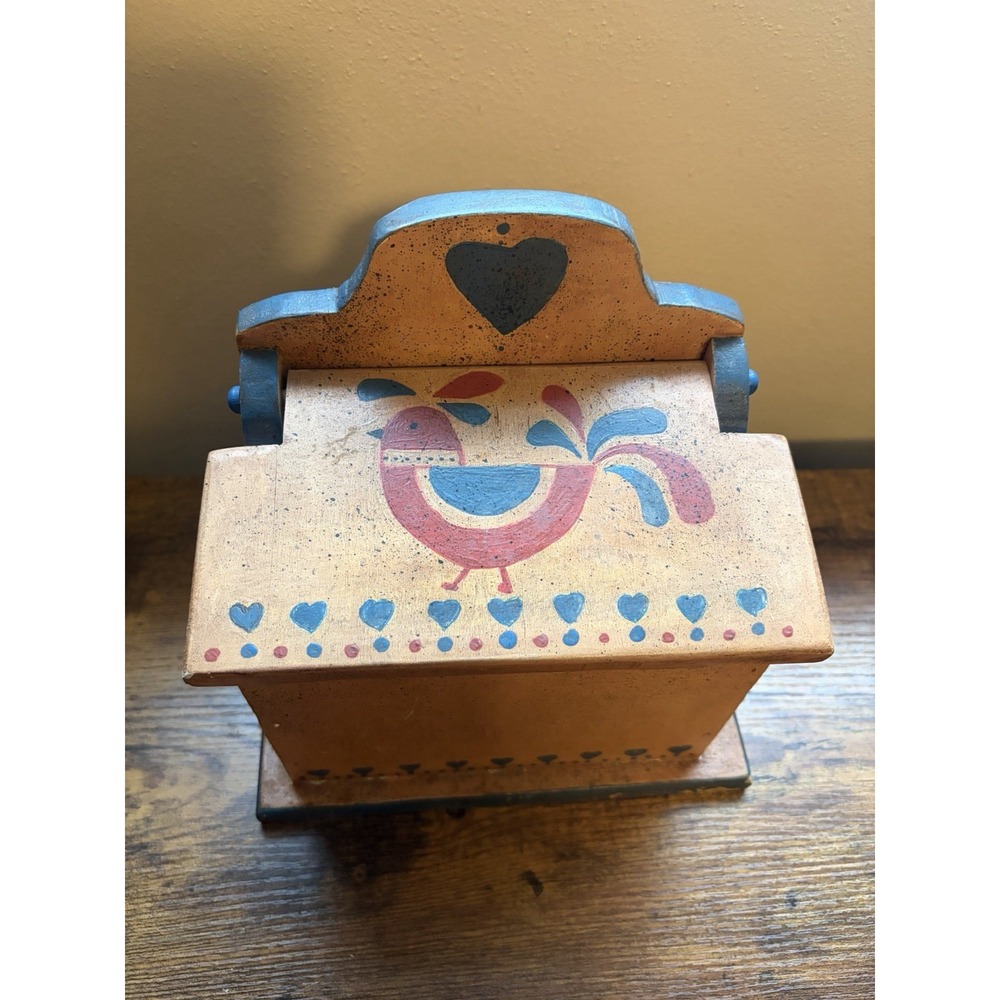 VTG Wooden Recipe Box Rooster Hearts Folk Art Country Farmhouse Kitchen Storage